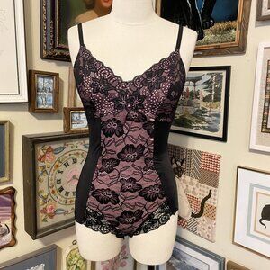 Vintage Avon Body Illusions Black & Pink Lace Bodysuit XL